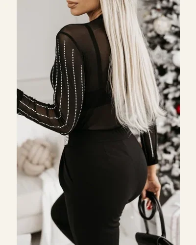 Bodysuit Club Black Rhinestone Decor Striped Mesh Long, view 2
