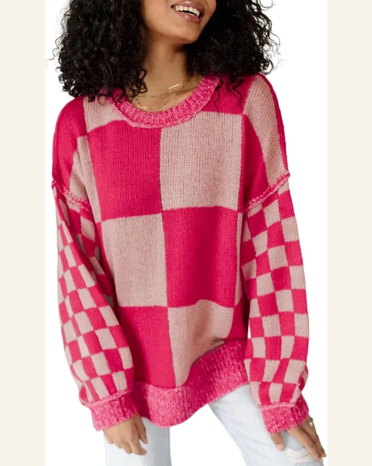 Casual Rose Red Mixed Checkered Pattern Drop Shoulder Sweater by SELINK