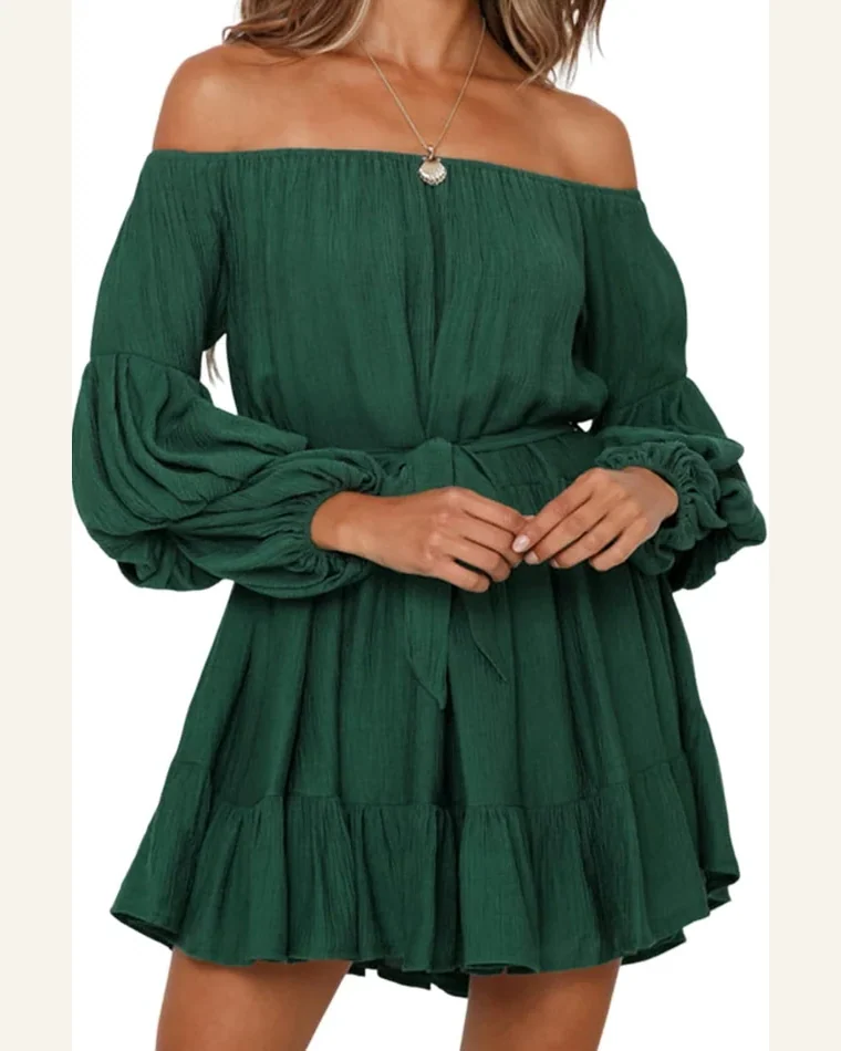 Fall Dresses Casual Green Off-Shoulder Tiered Bubble Sleeve by SELINK