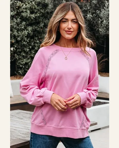 Casual Bright Pink Loose Fit Sweatshirts Lace Patched, view 3