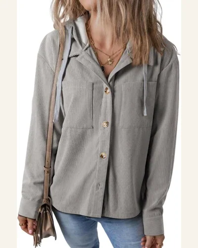 Shacket Jacket Casual Hooded Drawstring Pockets Corduroy Shacket, view 4