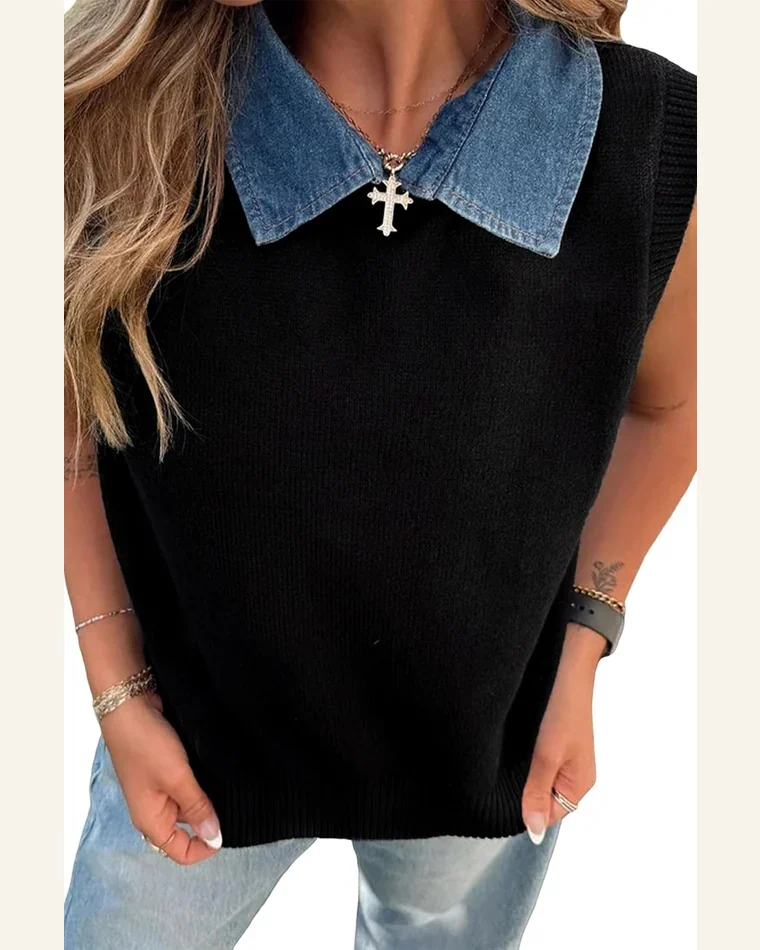 Knit Contrast Denim Patchwork Collar Sweater Vest by SELINK