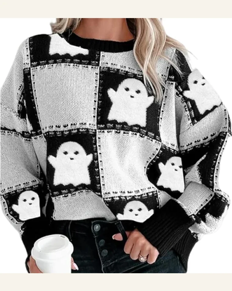 Casual Black Halloween Ghost Pullover Sweater Tops Checkered by SELINK