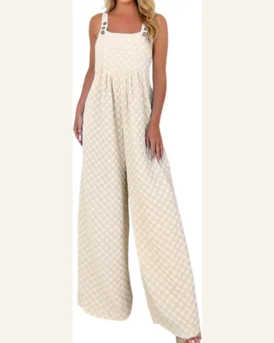 Casual Loose Beau Checkered Pocketed High Waist Straight Jumpsuit, view 4