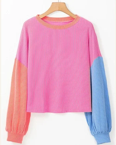 Casual Pullover Tops Corded Colorblock Long Sleeve Crop, view 3