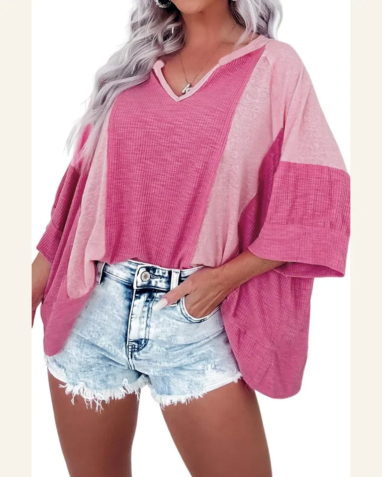 Tunic Tops Casual Bright Pink Textured Colorblock 3/4 by SELINK
