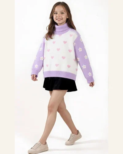 Girls Turtleneck Sweaters Heart Pattern Long Sleeve Knitted, view 2