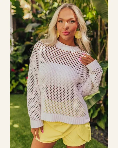 Casual Pullover Sweater Tops White Solid Color Open, view 3
