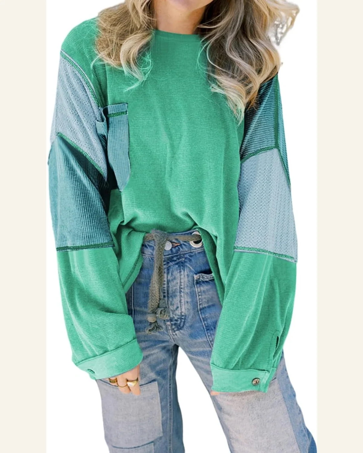 Tunic Tops Casual Green Colorblock Stitching Patchwork Buttoned by SELINK