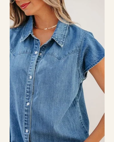 Dusk Blue Ruffled Short Sleeve Button Down Denim, view 2