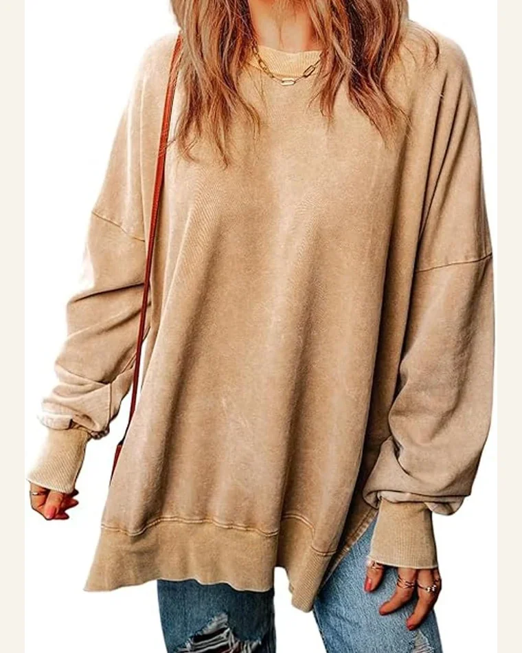 Casual Khaki Drop Shoulder Ribbed Trim Oversized Sweatshirts by SELINK