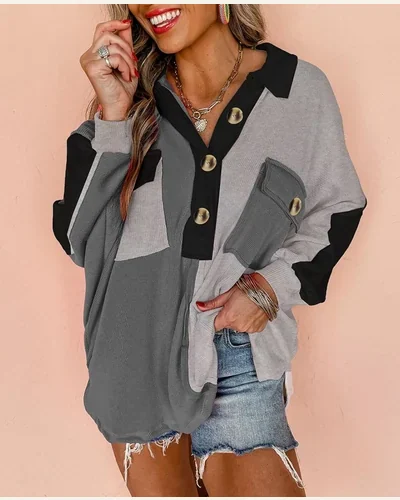 Oversized Sweatshirt Casual Long Sleeve Colorblock Ribbed Button, view 3