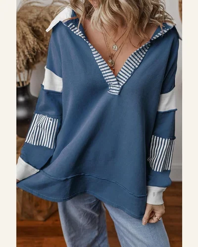 Striped Colorblock Patchwork Sweatshirt Long Sleeve V Neck, view 3