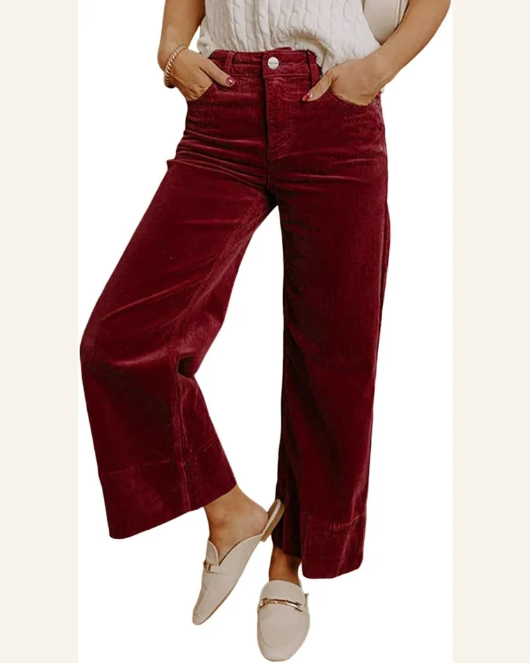 Casual Loose Corduroy Burgundy Pants High Waist Straight by SELINK