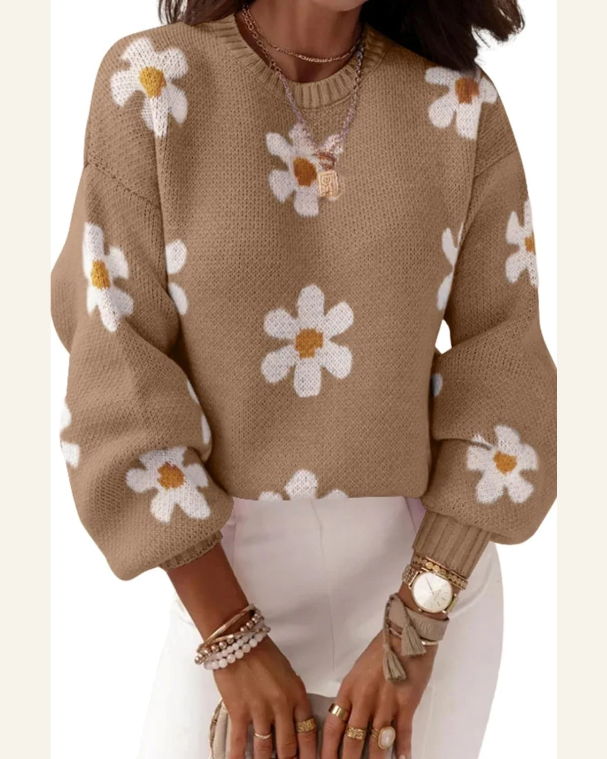 Pullover Sweater Tops Elegant Pale Khaki Pink Floral by SELINK