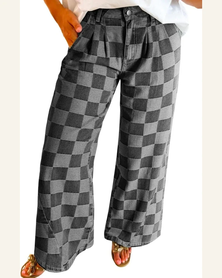 High Waisted Checkered Jeans Casual Dusk Wide Leg by SELINK