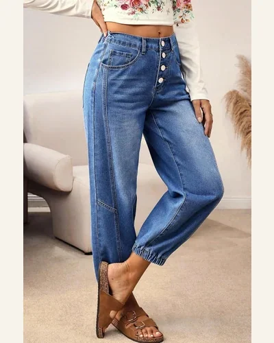 Casual Blue Buttons Loose Fit Jeans with Pockets, view 4
