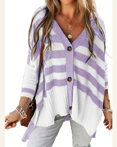 Cardigan Sweater Casual V Neck Buttoned High Low, view 1