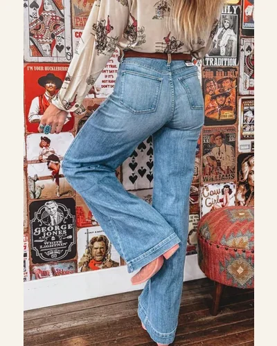 High Waisted Jeans Tailored Straight Loose Solid Daily, view 4