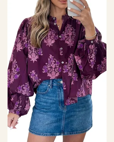 Floral Tops Long Puff Sleeve Blouse Button, view 1