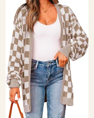 Casual Checkered Cardigan Sweater Open Front Drop Shoulder, view 1