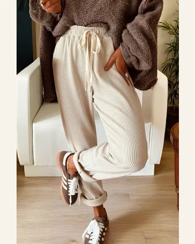 Casual Jet Stream Drawstring Pants Elastic Waist Corduroy, view 2