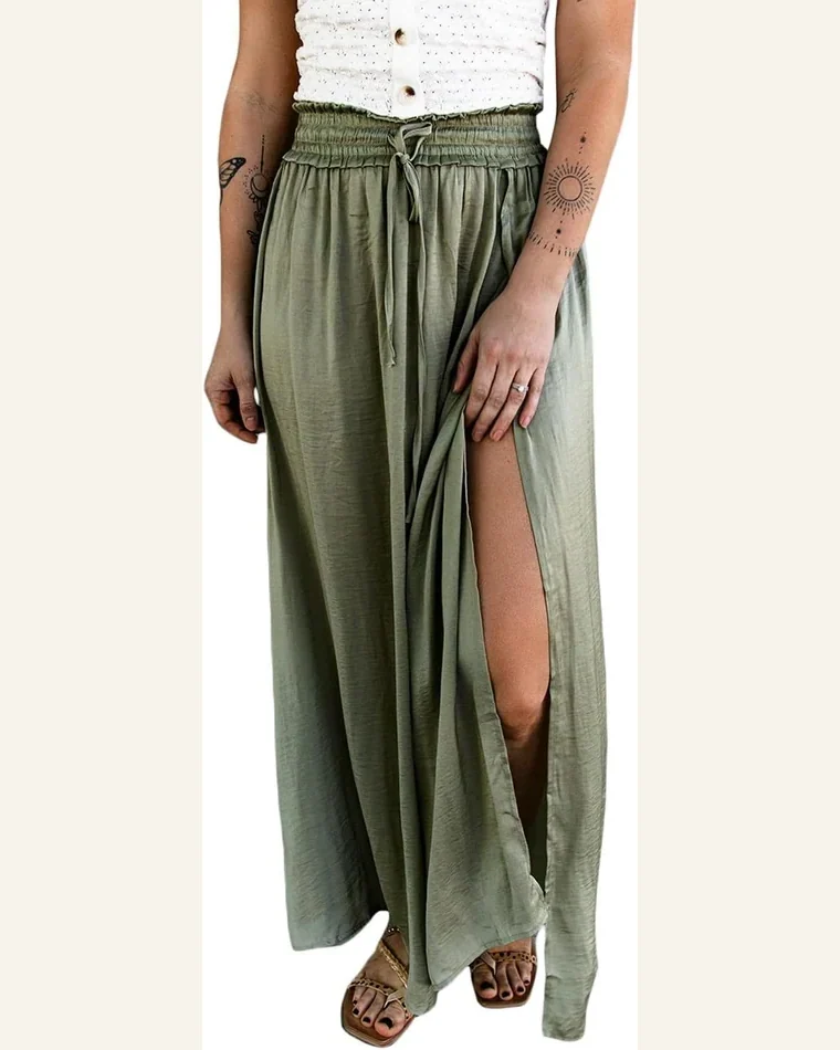 Skirts Casual Green Adjustable Drawstring Smocked Waist Maxi by SELINK