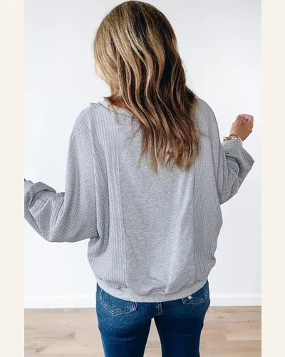 Tunic Tops Casual Light Grey Waffle Patchwork Long, view 2