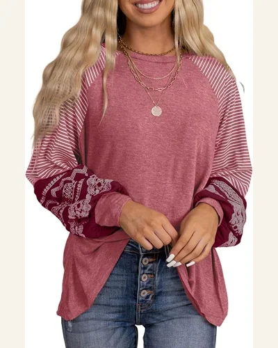 Long Sleeve Tops Striped Colorblock T Shirts Casual, view 4