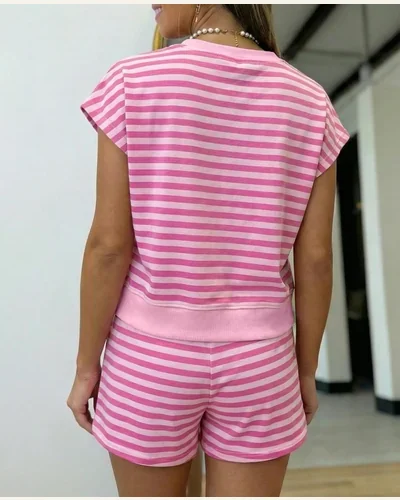 Striped 2 Piece Summer Outfit Cap Sleeve Pockets Set, view 2